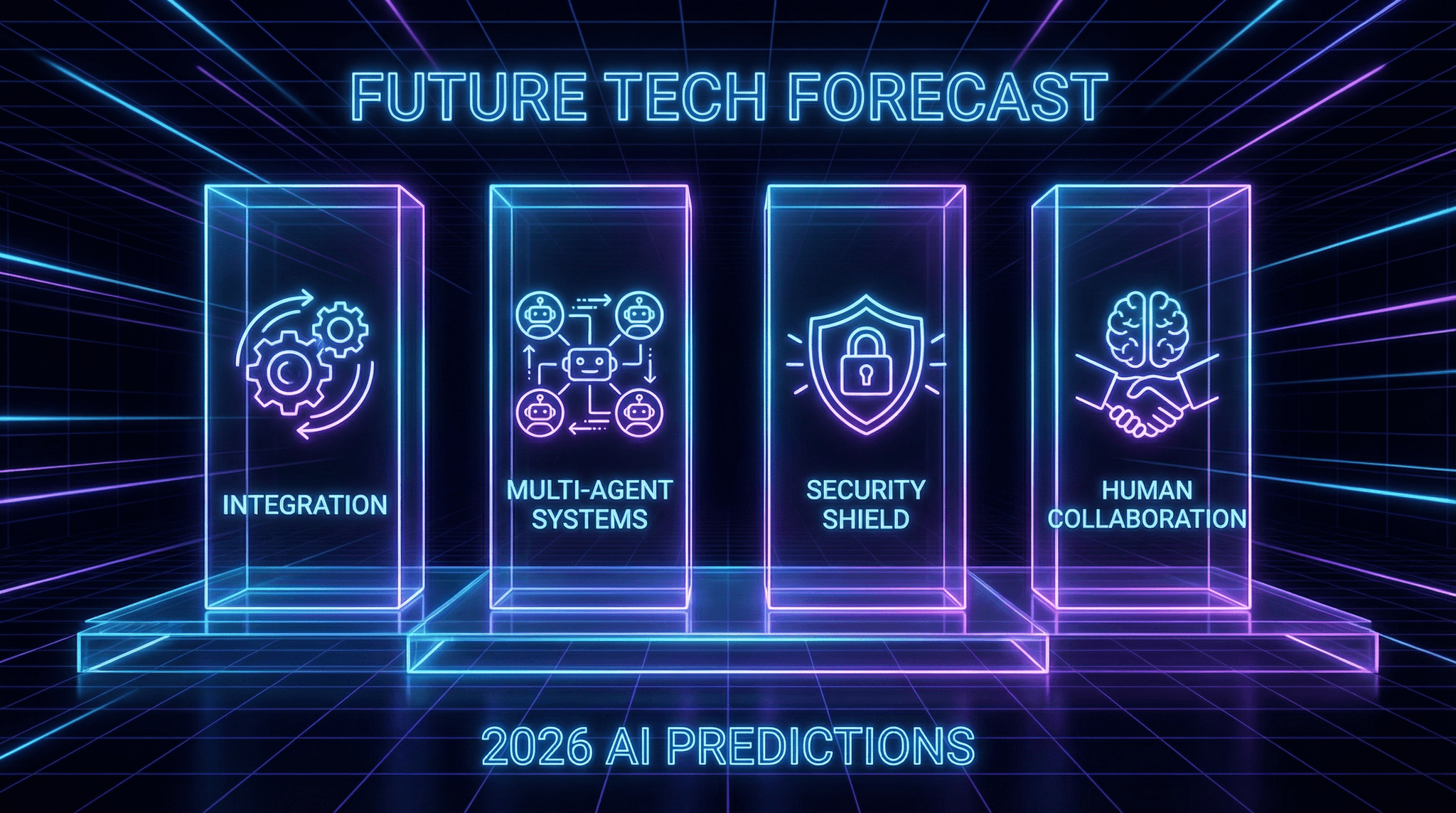 Illustration: 2026 predictions - four pillars showing integration, multi-agent, security, and human-in-loop evolution