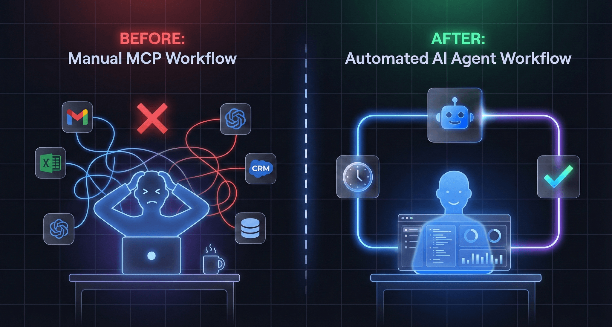 Illustration: Before and after MCP - showing the manual copy-paste workflow vs. automated agent workflow